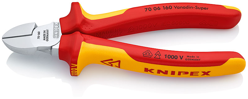 KNIPEX 70 06 160 Diagonal Cutter insulated with multi-component grips, VDE-tested chrome plated 160 mm cutting edges with bevel