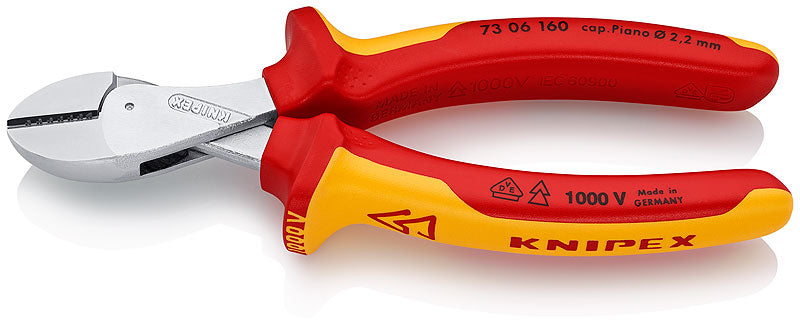 KNIPEX 73 06 160 KNIPEX X-CutÂ® Compact Diagonal Cutter high lever transmission insulated with multi-component grips, VDE-tested chrome plated 160 mm cutting edges with bevel